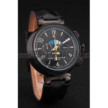 Louis Vuitton Tambour LV Cup Regate Black Dial Black PVD Case Black Leather Strap