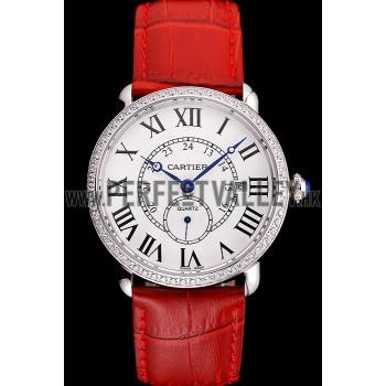 Cartier Ronde Louis Cartier White Dial Stainless Steel Case Diamond Bezel Red Leather Strap Replica