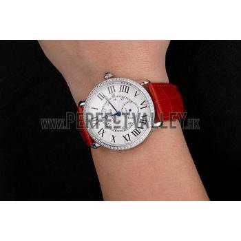 Cartier Ronde Louis Cartier White Dial Stainless Steel Case Diamond Bezel Red Leather Strap Replica