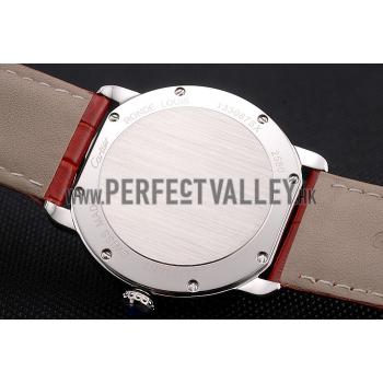 Cartier Ronde Louis Cartier White Dial Stainless Steel Case Diamond Bezel Red Leather Strap Replica