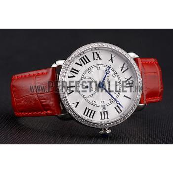 Cartier Ronde Louis Cartier White Dial Stainless Steel Case Diamond Bezel Red Leather Strap Replica