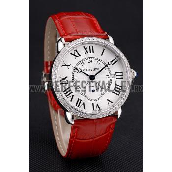 Cartier Ronde Louis Cartier White Dial Stainless Steel Case Diamond Bezel Red Leather Strap Replica