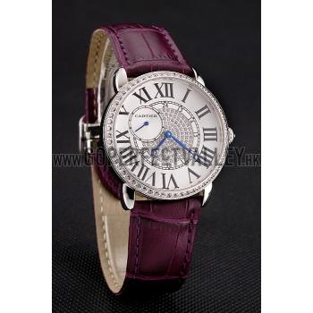 Cartier Ronde Louis Silver Diamond Case White Dial Purple Leather Bracelet 1454009