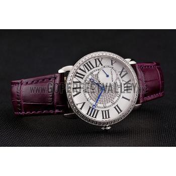 Cartier Ronde Louis Silver Diamond Case White Dial Purple Leather Bracelet 1454009