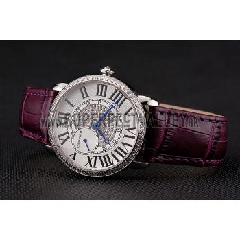 Cartier Ronde Louis Silver Diamond Case White Dial Purple Leather Bracelet 1454009