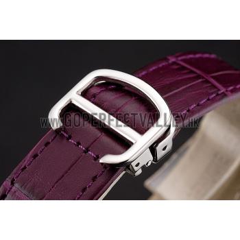 Cartier Ronde Louis Silver Diamond Case White Dial Purple Leather Bracelet 1454009