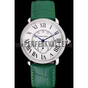 Cartier Ronde Louis Cartier White Dial Stainless Steel Case Diamond Bezel Green Leather Strap