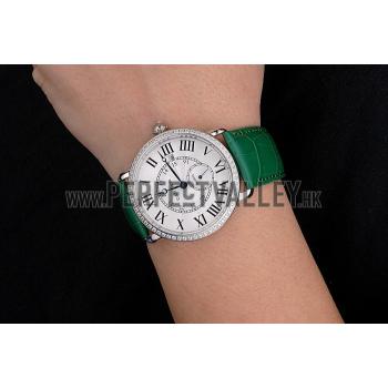 Cartier Ronde Louis Cartier White Dial Stainless Steel Case Diamond Bezel Green Leather Strap