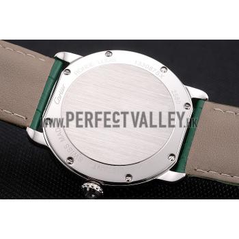 Cartier Ronde Louis Cartier White Dial Stainless Steel Case Diamond Bezel Green Leather Strap