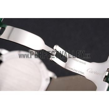 Cartier Ronde Louis Cartier White Dial Stainless Steel Case Diamond Bezel Green Leather Strap