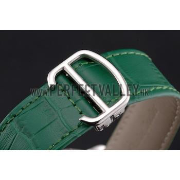 Cartier Ronde Louis Cartier White Dial Stainless Steel Case Diamond Bezel Green Leather Strap