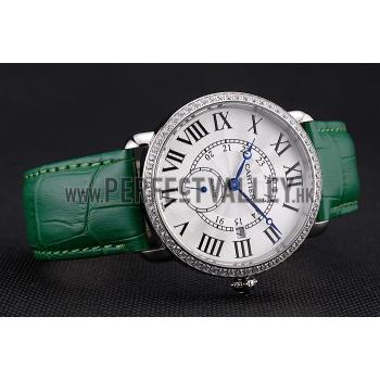 Cartier Ronde Louis Cartier White Dial Stainless Steel Case Diamond Bezel Green Leather Strap