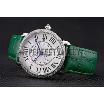 Cartier Ronde Louis Cartier White Dial Stainless Steel Case Diamond Bezel Green Leather Strap