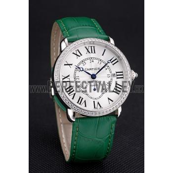 Cartier Ronde Louis Cartier White Dial Stainless Steel Case Diamond Bezel Green Leather Strap