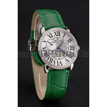 Replica Cartier Ronde Louis Silver Diamond Case White Dial Green Leather Bracelet 1454012