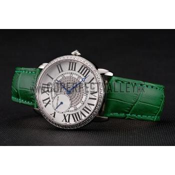 Replica Cartier Ronde Louis Silver Diamond Case White Dial Green Leather Bracelet 1454012