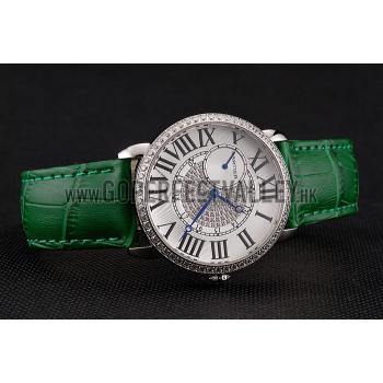 Replica Cartier Ronde Louis Silver Diamond Case White Dial Green Leather Bracelet 1454012