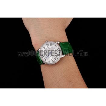 Replica Cartier Ronde Louis Silver Diamond Case White Dial Green Leather Bracelet 1454012