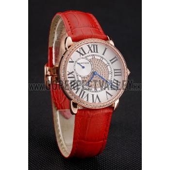 Cartier Ronde Louis Gold Diamond Case White Dial Red Leather Bracelet 1454005