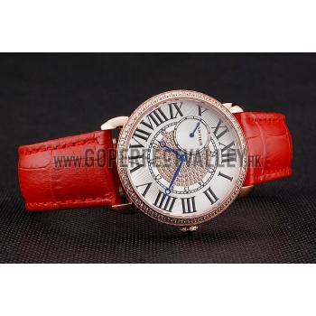 Cartier Ronde Louis Gold Diamond Case White Dial Red Leather Bracelet 1454005