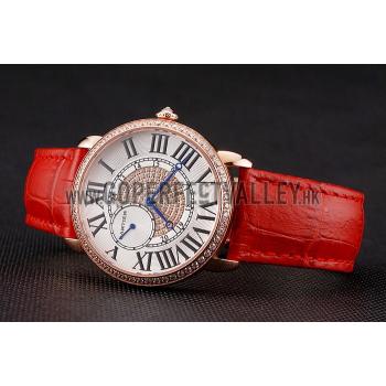 Cartier Ronde Louis Gold Diamond Case White Dial Red Leather Bracelet 1454005