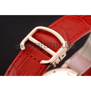 Cartier Ronde Louis Gold Diamond Case White Dial Red Leather Bracelet 1454005