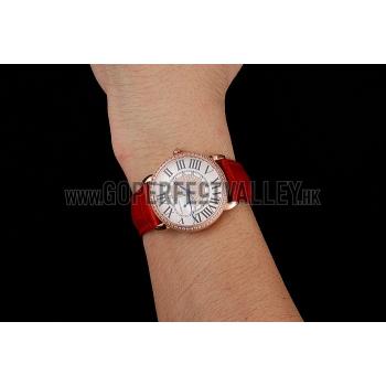 Cartier Ronde Louis Gold Diamond Case White Dial Red Leather Bracelet 1454005