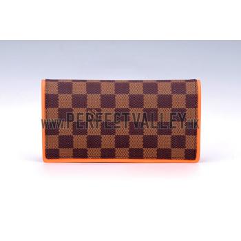 Cheap Louis Vuitton Ebene Damier Brazza Wallet with Orange Leather Trim