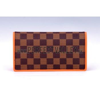 Cheap Louis Vuitton Ebene Damier Brazza Wallet with Orange Leather Trim