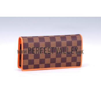 Cheap Louis Vuitton Ebene Damier Brazza Wallet with Orange Leather Trim