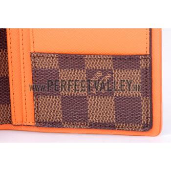 Cheap Louis Vuitton Ebene Damier Brazza Wallet with Orange Leather Trim