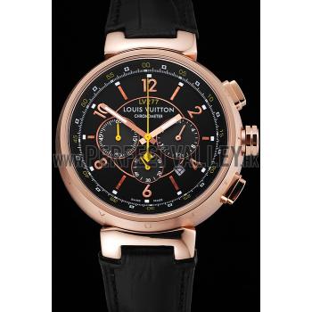 Cheap Louis Vuitton Tambour LV277 Chronograph Black Dial Rose Gold Case Black Leather Strap