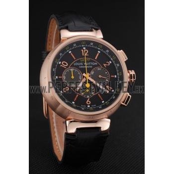 Cheap Louis Vuitton Tambour LV277 Chronograph Black Dial Rose Gold Case Black Leather Strap