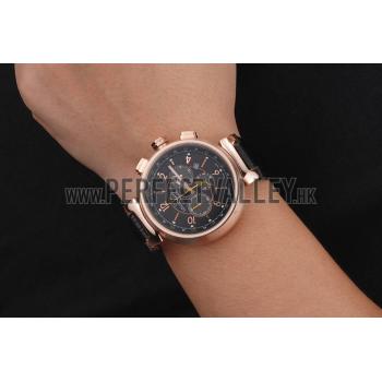 Cheap Louis Vuitton Tambour LV277 Chronograph Black Dial Rose Gold Case Black Leather Strap