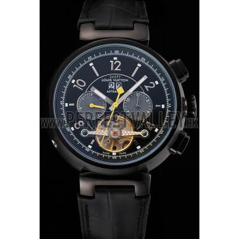 Cheap Louis Vuitton Tambour LV277 Tourbillon Black Dial Black PVD Case Black Leather Strap