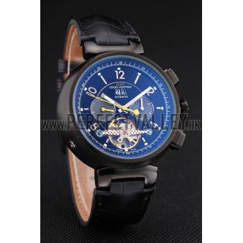 Cheap Louis Vuitton Tambour LV277 Tourbillon Black Dial Black PVD Case Black Leather Strap