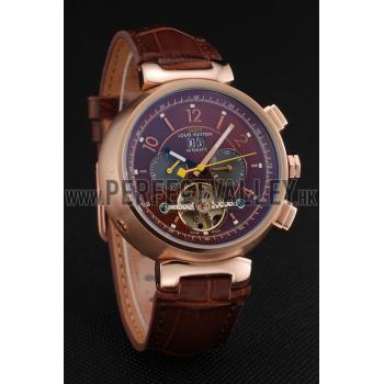 Louis Vuitton Tambour LV277 Tourbillon Brown Dial Rose Gold Case Brown Leather Strap