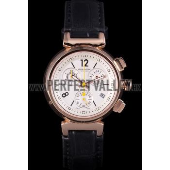 Louis Vuitton Tambour Black Leather Bracelet White Dial 801418 Replica