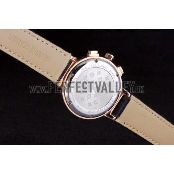 Louis Vuitton Tambour Black Leather Bracelet White Dial 801418 Replica