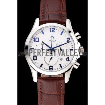 Omega Chronograph White Dial Blue Numerals Stainless Steel Case Brown Leather Strap