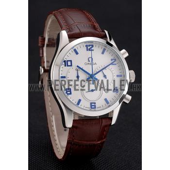 Omega Chronograph White Dial Blue Numerals Stainless Steel Case Brown Leather Strap