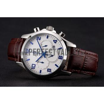 Omega Chronograph White Dial Blue Numerals Stainless Steel Case Brown Leather Strap