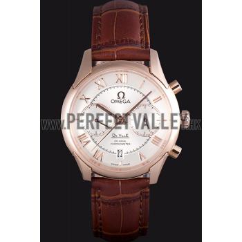 Omega DeVille Rose Gold Bezel with White Dial and Brown Leather Strap  621570