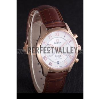 Omega DeVille Rose Gold Bezel with White Dial and Brown Leather Strap  621570