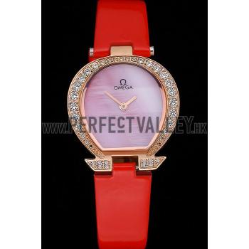 Omega Ladies Watch Pink Dial Gold Case With Diamonds Red Leather Strap  622831 Replica