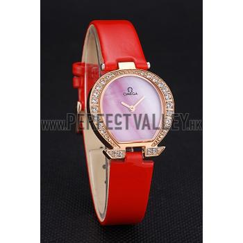 Omega Ladies Watch Pink Dial Gold Case With Diamonds Red Leather Strap  622831 Replica