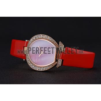 Omega Ladies Watch Pink Dial Gold Case With Diamonds Red Leather Strap  622831 Replica