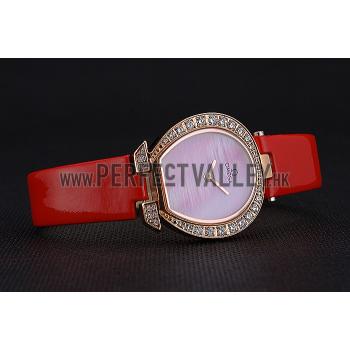 Omega Ladies Watch Pink Dial Gold Case With Diamonds Red Leather Strap  622831 Replica