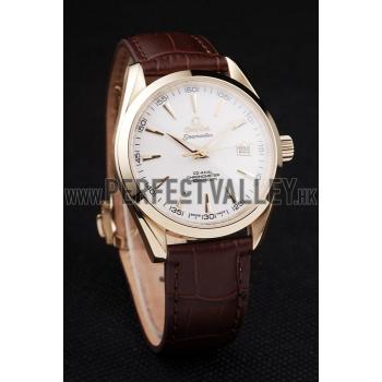 Omega Swiss Seamaster Aqua Terra Brown Strap White Striped Dial