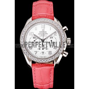 Omega Speedmaster White Dial Stainless Steel Case Diamond Bezel Pink Leather Strap Replica